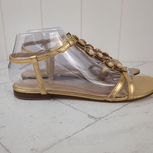 KATE SPADE Gold Metallic Stacey Flat Sandals Rhinestone Strappy Size 8.5 M - Picture 3 of 15